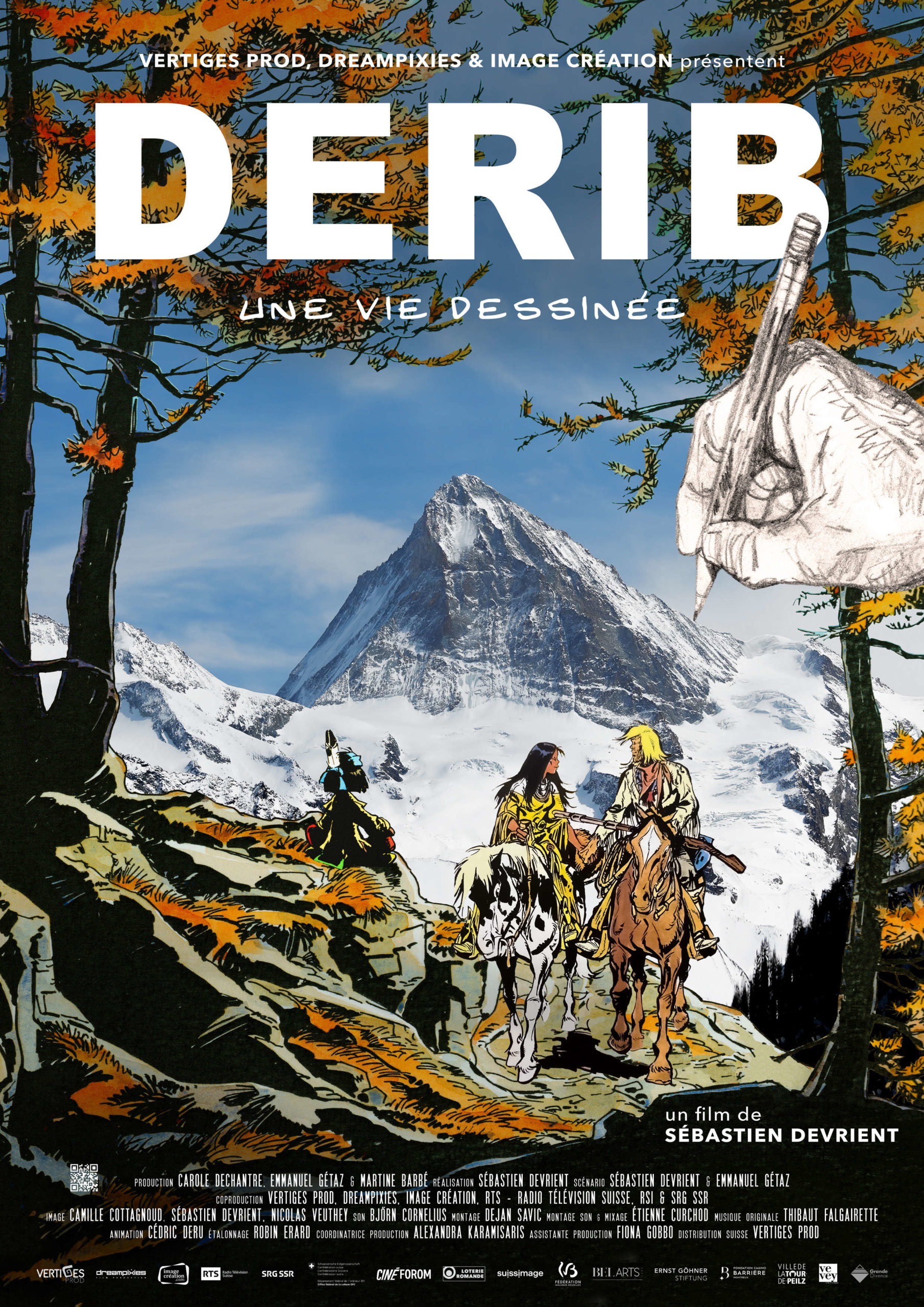 montage photo d'une montagne et de personnages dessinés à cheval